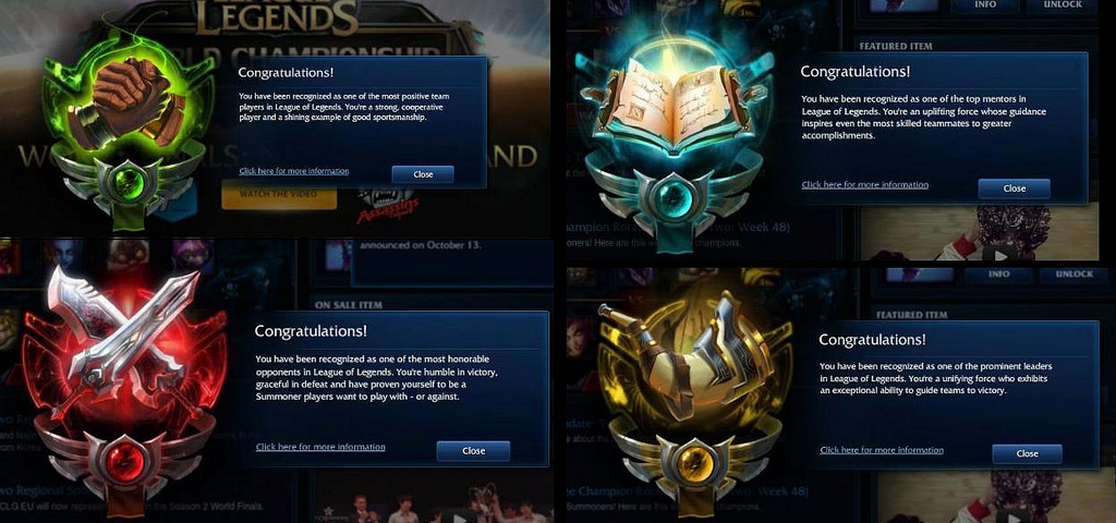 The LoL Honor system congratulates outstandingly positive players and even offers occasional rewards to promote positive behavior. Enlarged picture.