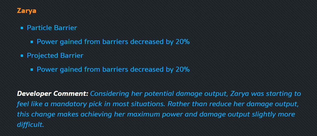 Zarya 1.5.0.2A Nerfs Developer Notes