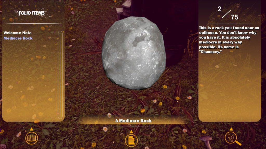 An image of the game's inventory menu, featuring a witty description of a rock.