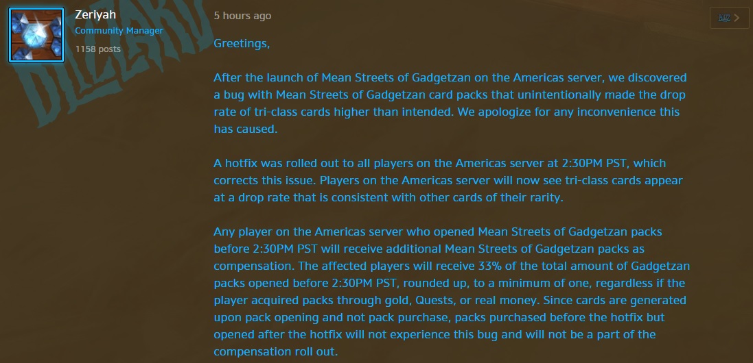 Screenshot of Blizzard forum post from Zeriyah, Community Manager, describing the issue with packs and the plans to compensate users.