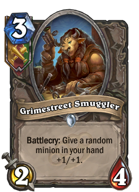 Grimstreet Smuggler costs 3 mana. The card text reads: "Battlecry: Give a random minion in your hand +1/+1."