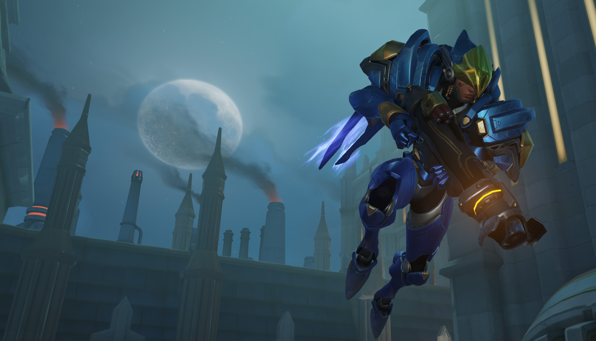 Pharah floats through the sky, ready to rain down justice. Or maybe just find a good late-night diner.