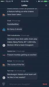 The chat room in esports app Blitz.