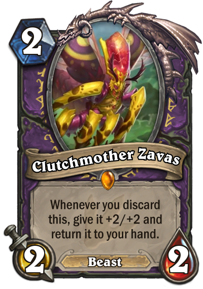 Clutchmother Zavas is a two mana 2/2 Beast. The card text reads: "Whenever you discard this, give it +2/+2 and return it to your hand."