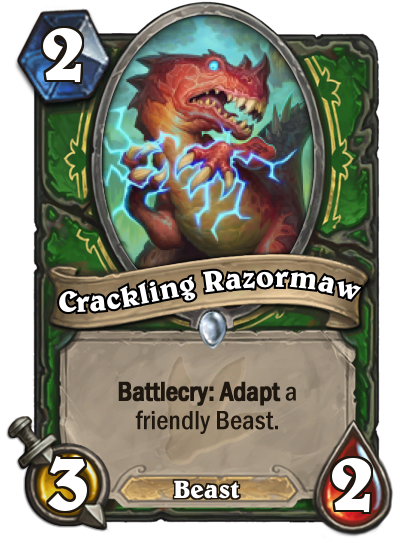 Crackling Razormaw is a 3/2 Beast that costs two mana to play. The card text reads: "Battlecry: Adapt a friendly Beast."