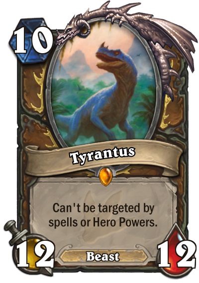 Tyrantus is the new Druid legendary in Hearthstone's Journey to Un'Goro expansion. Tyrantus is a 12/12 Beast that costs ten mana to play. The card text reads: "Can't be targeted by spells or Hero Powers.