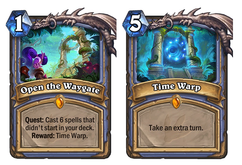 Open the Waygate is Mage's Quest card. If you cast six spells that didn't start in your deck, you're rewarded with Time Warp. Time Warp is a five mana spell that lets you take an extra turn.