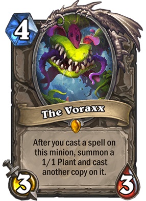 The Voraxx is a neutral legendary 3/3 minion that costs four mana to play. The card text reads: "After you cast a spell on this minion, summon a 1/1 Plant and cast another copy on it."