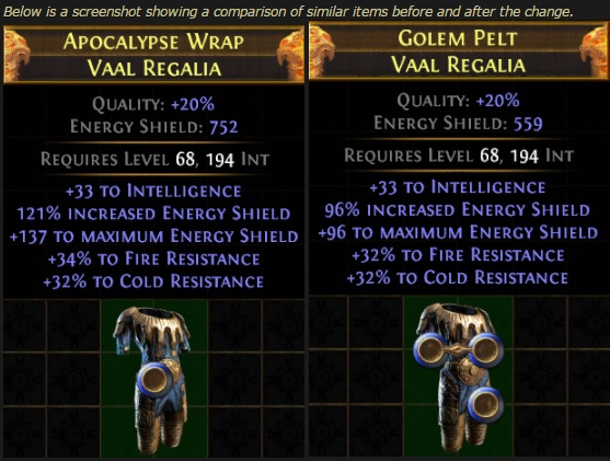 Changes to Vaal Regalia before and after the energy shield update.