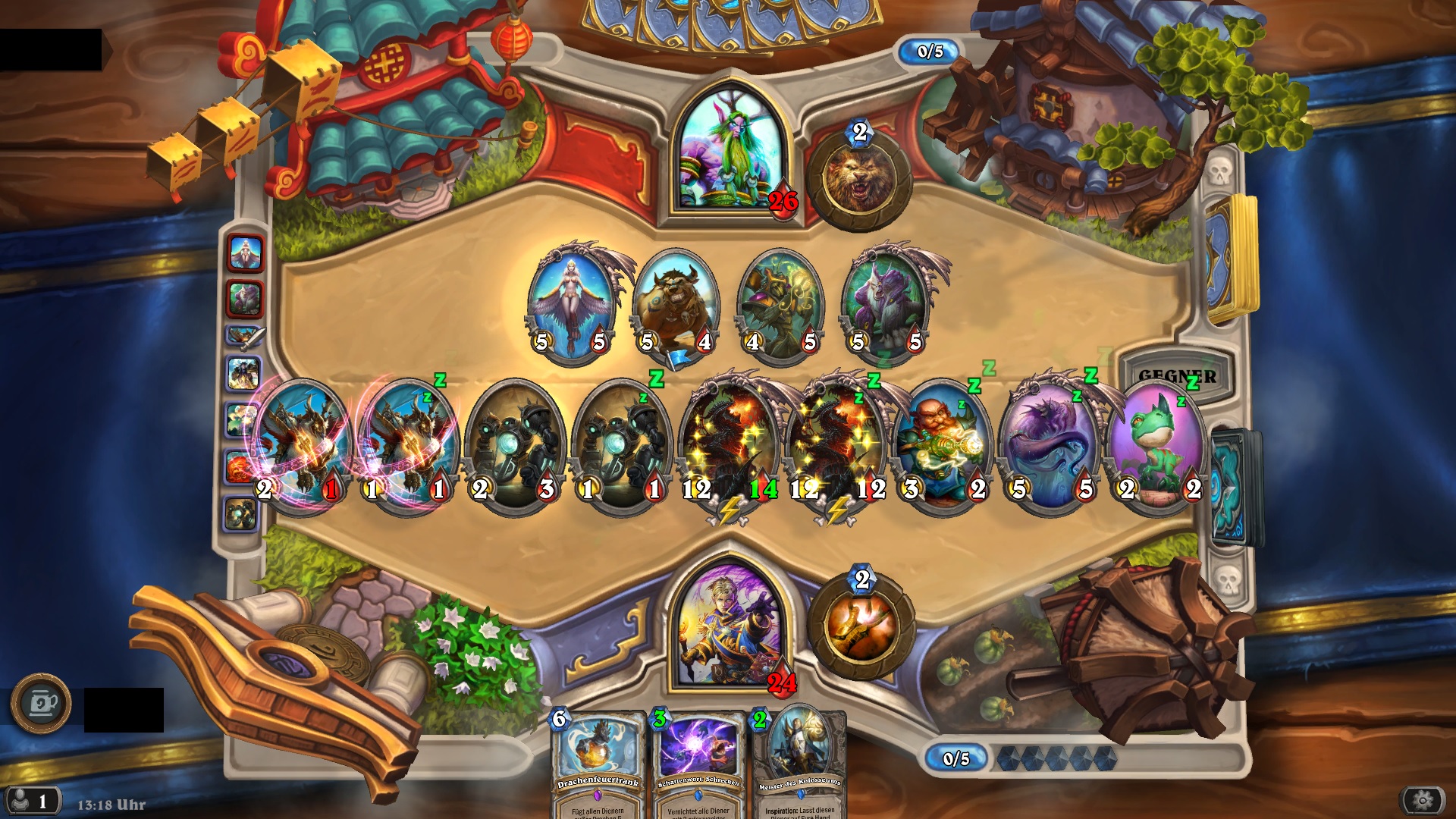 One of the many bugs in Hearthstone's client lets you have nine minions out on the board, but you can't attack with them.