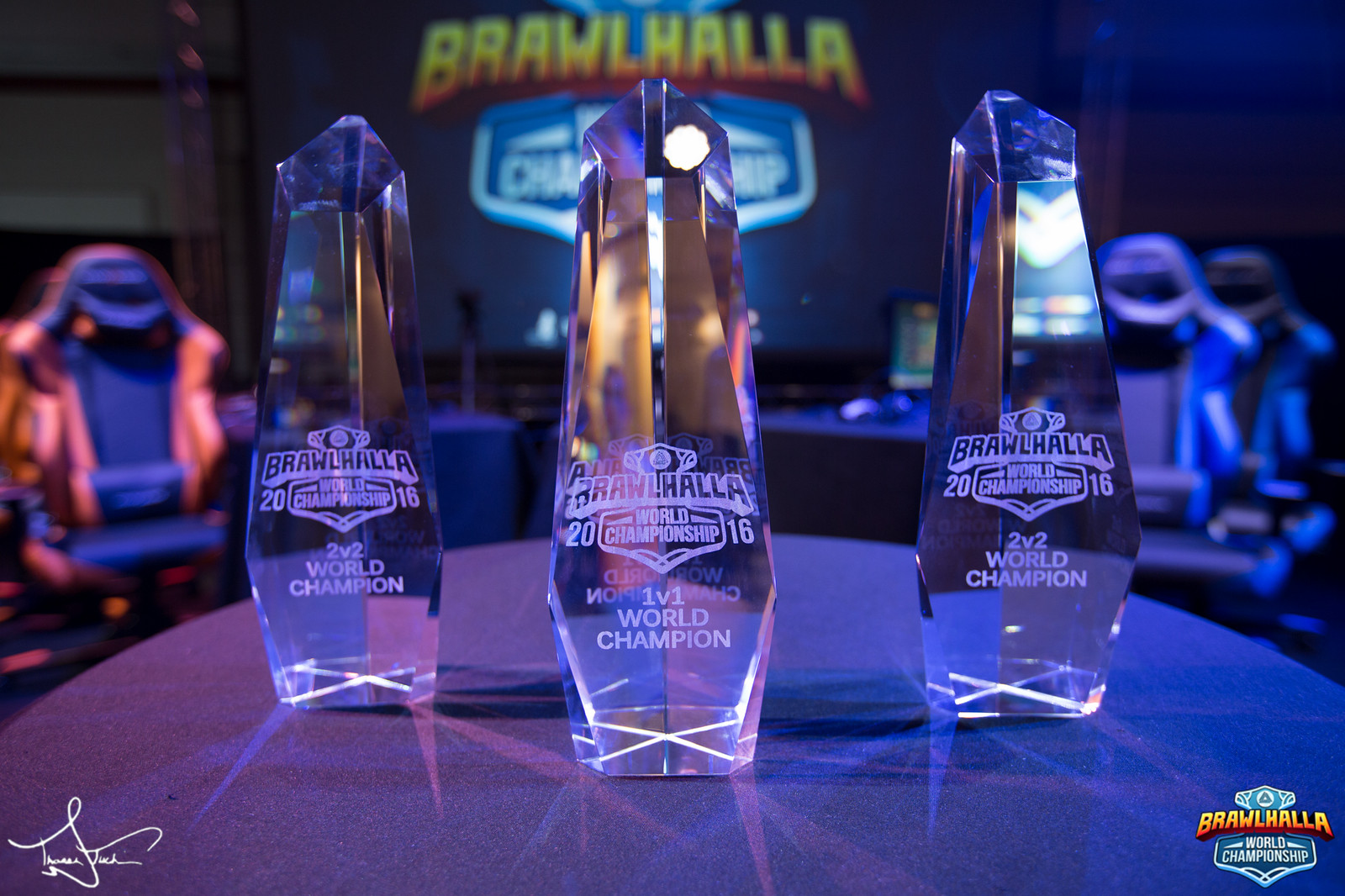 Trophies from the 2016 Brawlhalla World Championship.