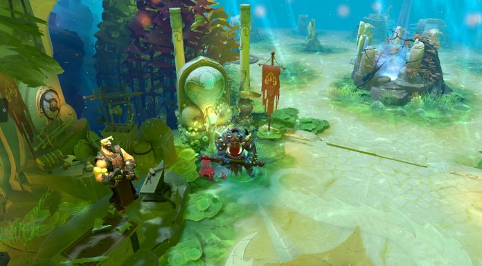 Screenshot of Axe standing in Radiant's fountain on the Reef's Edge terrain.