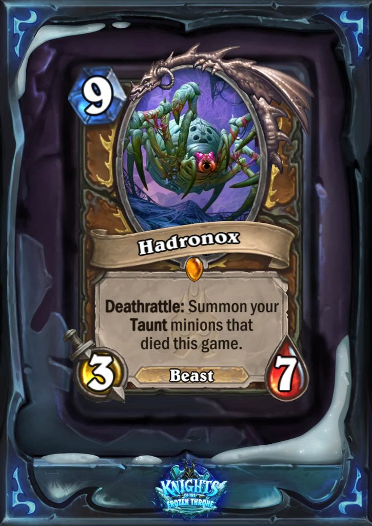 Hadronox is a nine mana 3/7 Beast. The card text reads: "Deathrattle: Summon your Taunt minions that died this game."