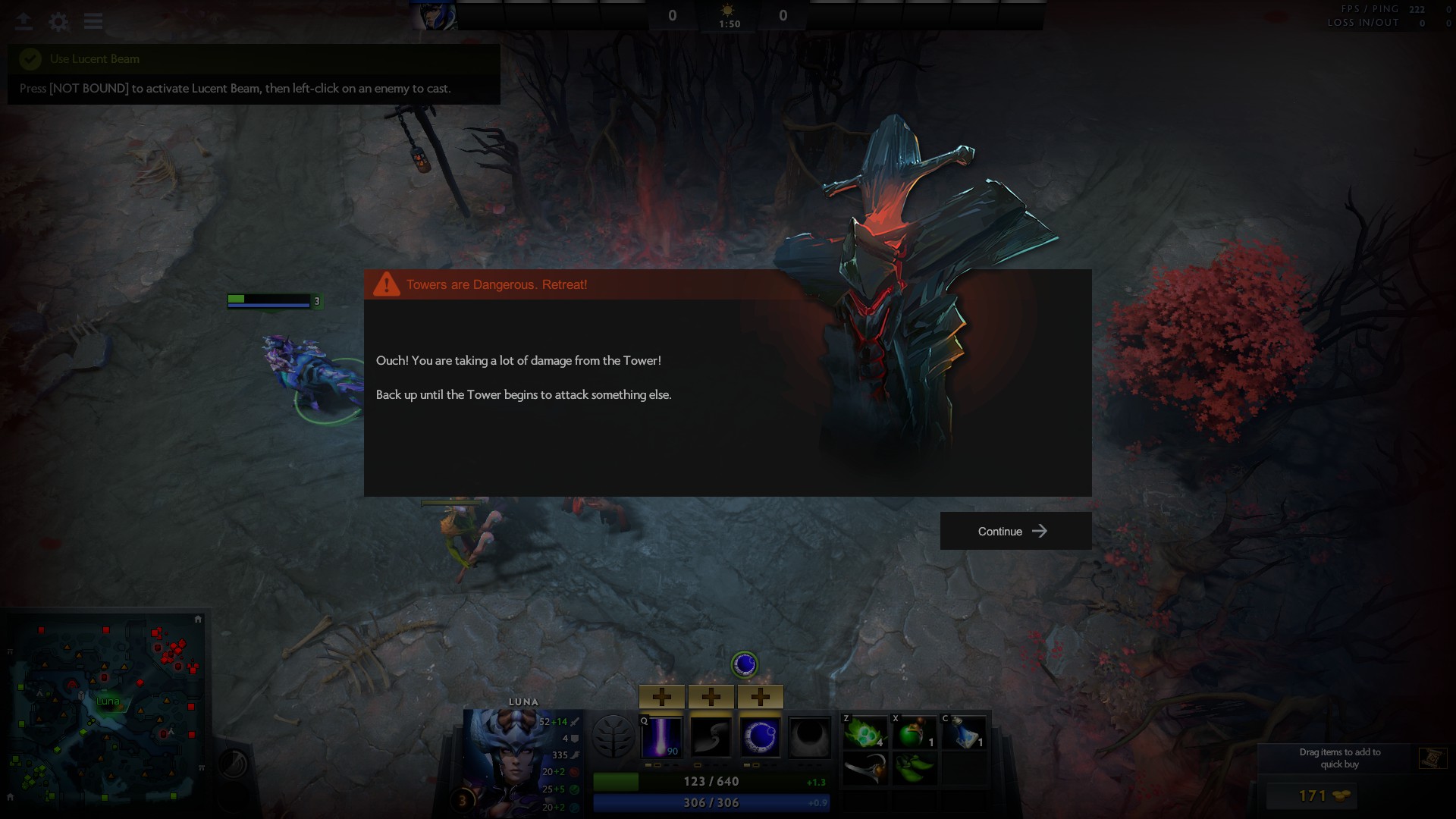 This is what happens when you start taking tower damage in Dota 2's Mechanics Tutorial.