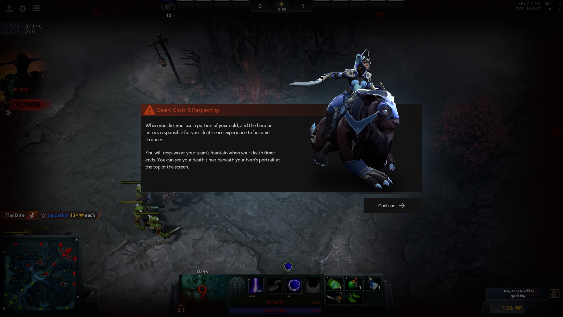 Screenshot of the text box that pops up after you die in the Dota tutorial that covers mechanics.