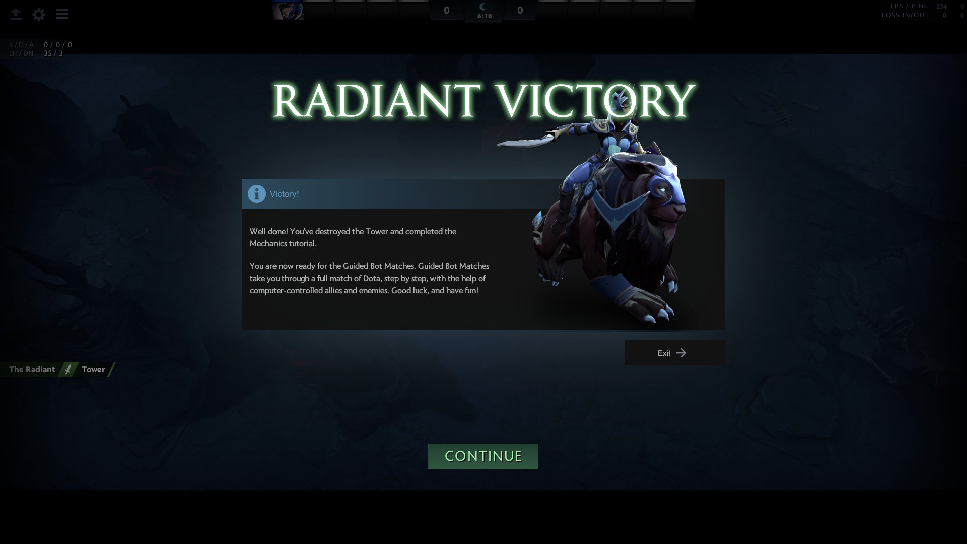 Screenshot of the splash screen that shows up when you complete the first Dota tutorial.