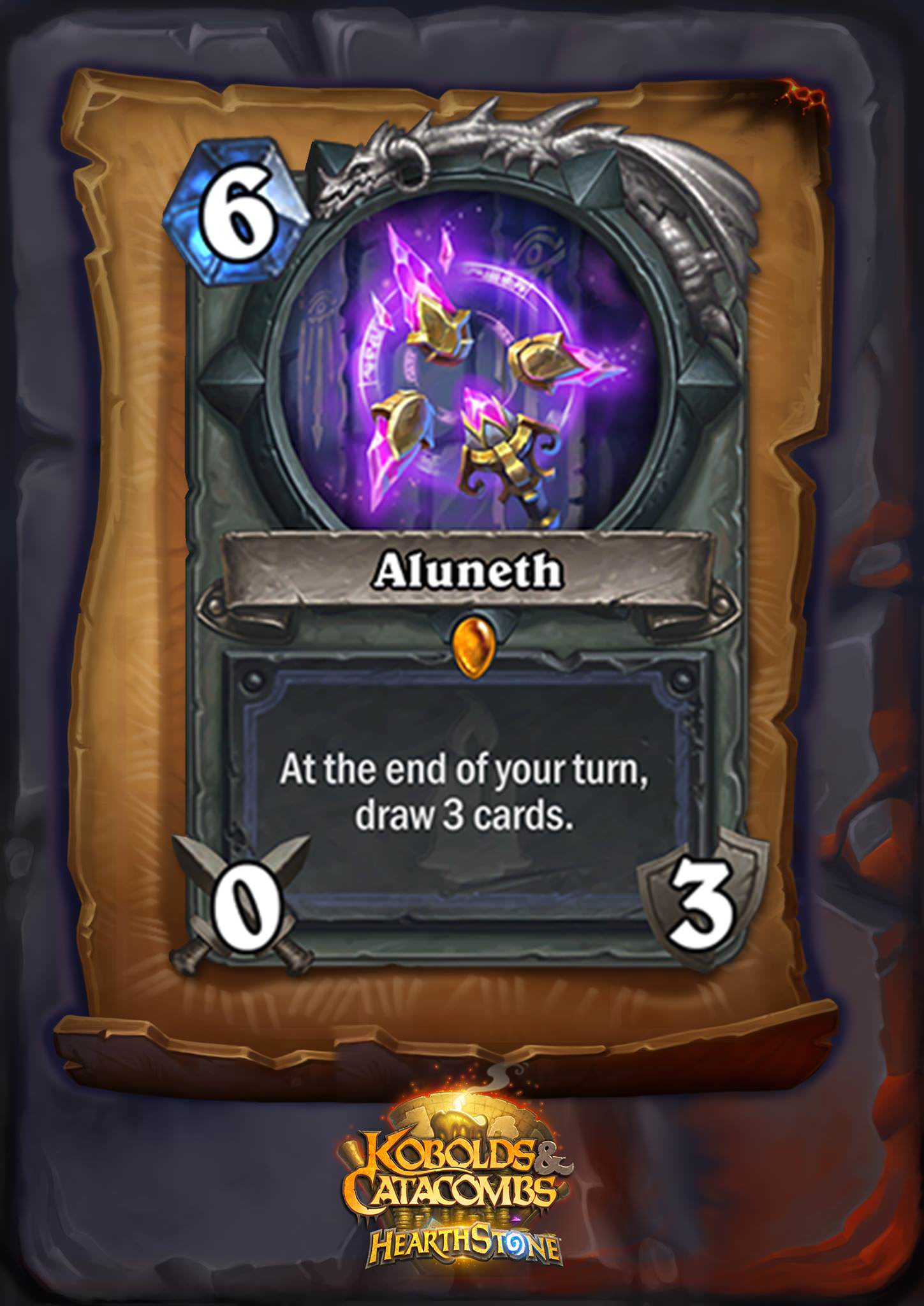 Aluneth is a six mana 0/3 weapon. The card text reads: "At the end of your turn, draw 3 cards."