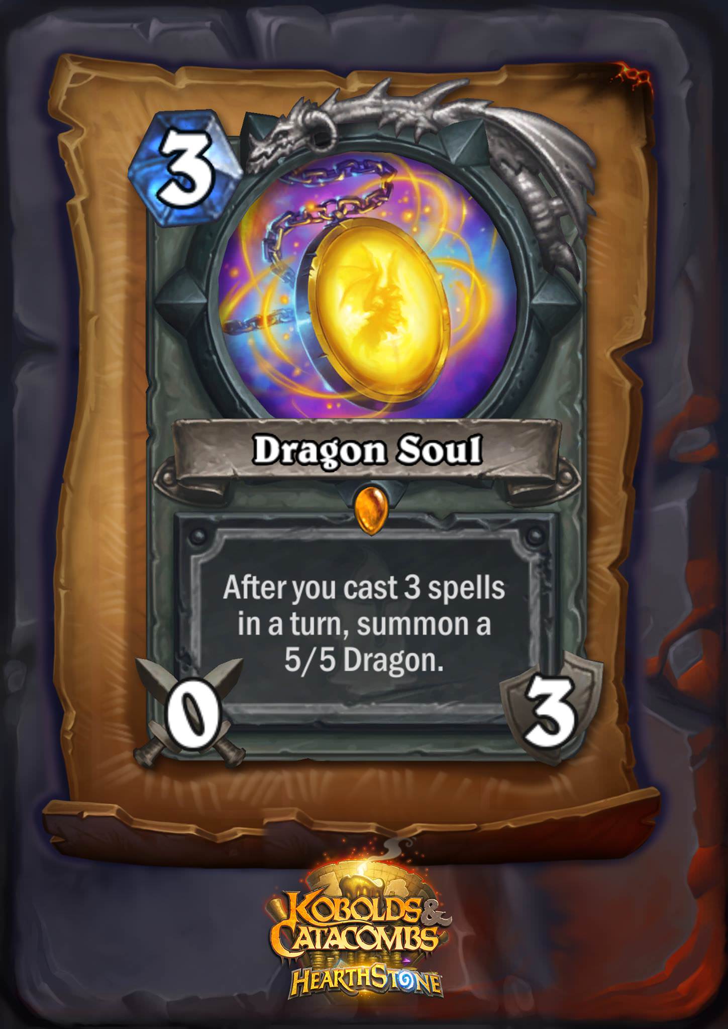 Dragon Soul is a 3 mana 0/3 weapon. The card text reads: "After you cast 3 spells in a turn, summon a 5/5 Dragon."