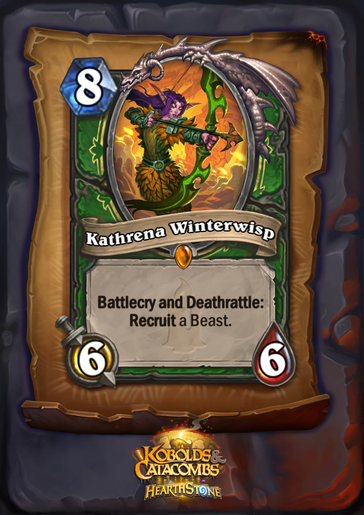 Kathrena Winterwisp is an eight mana 6/6 Hunter legendary, and her card text reads: “Battlecry and Deathrattle: Recruit a Beast.” 