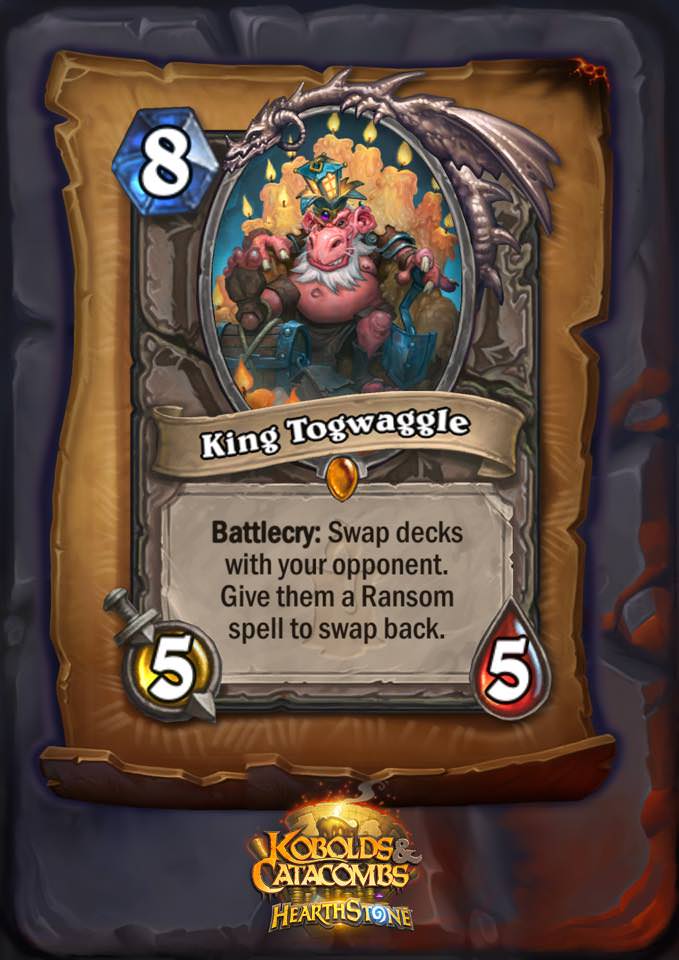 King Togwaggle, one of the new Hearthstone legendaries in Kobolds and Catacombs, is an eight mana 5/5 neutral minion. The card text reads: "Battlecry: Swap decks with your opponent. Give them a Random spell to swap back."