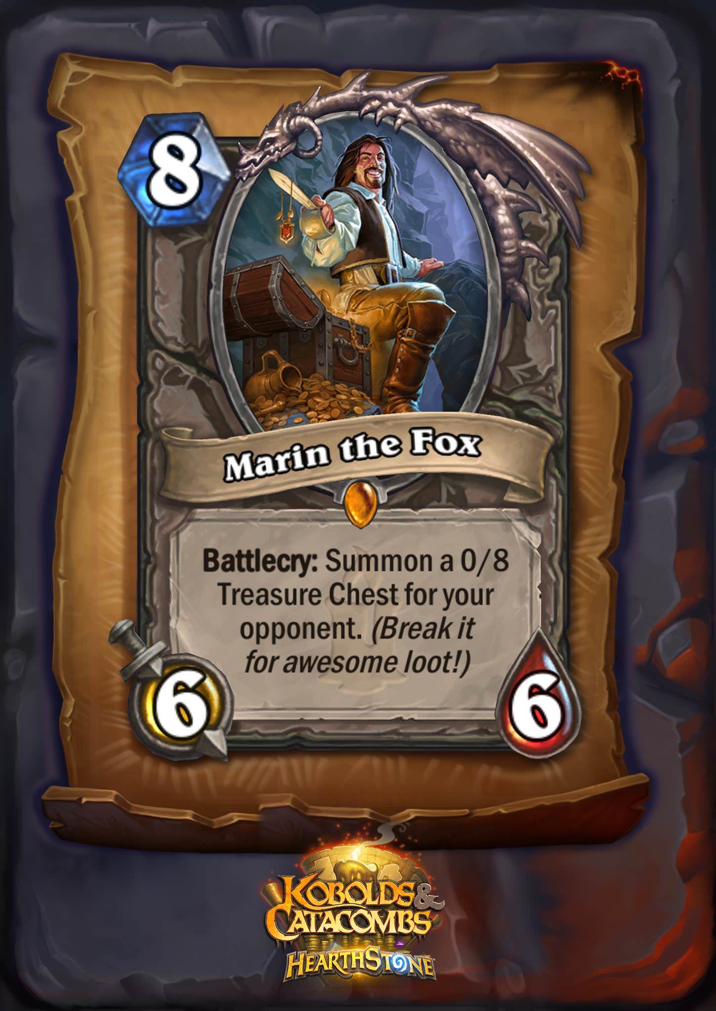 Marin the Fox is an eight mana 6/6 legendary. The card text reads: "Battlecry: Summon a 0/8 Treasure Chest for your opponent. (Break it for awesome loot!)"