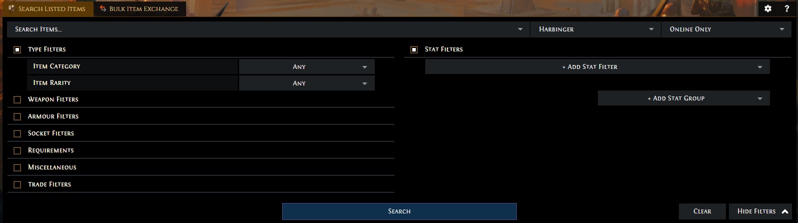 Screenshot of the official Path of Exile trading site.