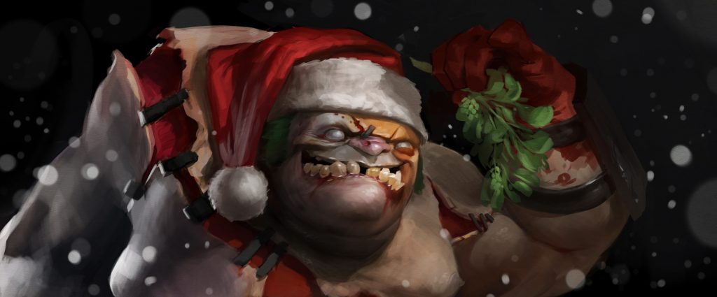 Dota 2 Counterpicking Guide - The image is of a festive Pudge, wearing a Santa hat and holding a piece of mistletoe in his right hand.